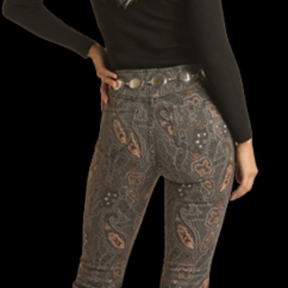 Rock & Roll Denim Paisley Print High Rise Pull On Flare Jeans - Picture 5 of 5